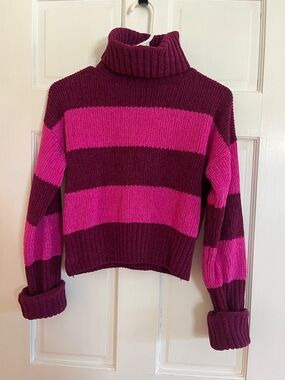 Pink Rose Striped Turtleneck Sweater in Fuchsia and Burgundy